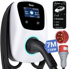 Tera Smart EV 2. tipa sienas lādētājs ar lietotni 11 kW 16 A 400 V CE & TÜV ar WLAN un Bluetooth 7 m lādēšanas kabelis ar lādētāja turētāju Mājas sienas lādētājs CEE 3 fāžu kontaktdakša elektromobiļiem un PHEV W01 White