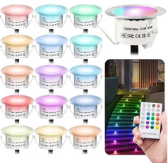 HIHIHOMY Pack of 16 LED iebūvēti grīdas prožektori, āra terases apgaismojums, diametrs 42 mm, RGB ar tālvadības pulti, dimmable, 12 V ūdensizturīgs IP68 kāpnēm, terasei, dārzam, WPC ieklāšanai