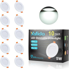 Yafido LED iegremdējami starmeši, 230 V, ar iespēju regulēt apgaismojumu, 5 W, 65-82 mm, IP44 LED starmeši, 6000 K, vēsi balti griestu starmeši vannas istabai, virtuvei, dzīvojamai istabai ar LED draiveri, 10 gab. komplekts