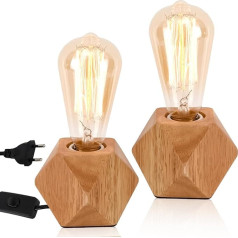 2 x koka galda lampa, slēdzis, maza nakts lampa ar dimanta koka pamatni, E27, saderīga ar kvēlspuldzēm, LED gaismām, maks. 60 W, ideāli piemērota guļamistabai, viesistabai vai birojam (bez spuldzes).