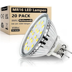 Allesgute GU5.3 MR16 LED spuldze Cool White 5 W, kas aizstāj 45 W 50 W halogēnās spuldzes 450 lm LED prožektors 12 V AC/DC Spot ar GU 5.3 ligzdu LED spuldze, komplekts ar 20 spuldzēm.