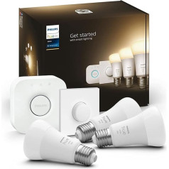 Philips Hue White E27 starter komplekts, ieskaitot viedo pogu un tiltiņu, 3 x 1055 lm, silti balta gaisma, regulējams, vadāms ar lietotni, saderīgs ar Amazon Alexa (Echo, Echo Dot)