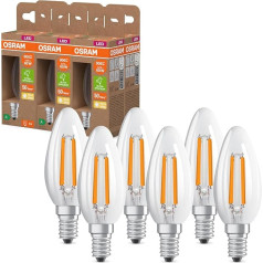 OSRAM Energy Class Classic mini LED lampas, 3,8 W / 806 lm, A energoefektivitātes klase, silti balta (2700 K), CRI 80, caurspīdīgs bezsvina stikls, E14 uzgaļi, IP20, 35 mm diametrs, 6 gab. iepakojumā