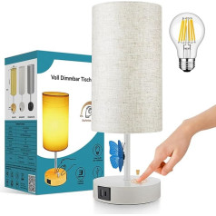 Wondlumi Touch Dimmable Nakts lampa ar USB uzlādes funkciju, maza galda lampa balta ar abažūru, moderna galda lampa E27 dāvināšanai guļamistabā, komplektā ietilpst 6 W silti balta LED spuldze