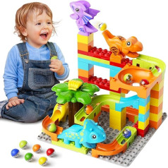 burgkidz Marble Run Building Blocks Dinosaur Set, 78 gabaliņu interaktīva marmora skrējienu labirinta spēle, saderīga celtniecības rotaļlieta, STEM izglītojoša dāvana bērniem vecumā no 3 gadiem