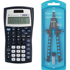 Texas Instruments TI-30 XIIS skolu kalkulators (ar divām rindiņām, darbojas ar saules bateriju un akumulatoru), tumši zils & Faber-Castell 174340 - ātri regulējams kompass, rūpnīcas, zils, 1 gab. iepakojumā