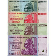 Zimbabve 50 100 200 500 miljoni dolāru 2008 P79-P82 UNC valūtas banknotes