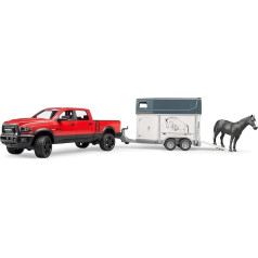 bruder 02501 - RAM 2500 Power Wagon su arklio priekaba ir arkliu - 1:16 pikapo visureigio platforma sunkvežimis automobilis automobilis džipas transporto priemonė gyvūnas transporteris eržilas ponis žaislas