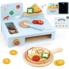 Pillowhale Pizza Set Wood, picas bērnu virtuves rotaļlieta, picas krāsns koka rotaļlieta ar rotaļlietu pārtiku, bērnu virtuves piederumi, spēļu virtuve, picas griešanas rotaļlieta zēniem meitenēm no 3 gadiem