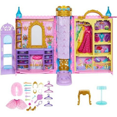 Mattel Disney princešu skapis ar 2 drēbēm, 25 aksesuāriem, ģērbtuvi, skrejceļu un uzglabāšanas vietu, paplašināms līdz 60 cm, iedvesmots no filmas HXC20