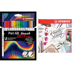 Augstas kvalitātes flomāsteris ar otas uzgalīti mainīgam līniju platumam - Stabilo Pen 68 brush - Arty - 18 krāsu iepakojumā + DIY un rokdarbu grāmata pieaugušajiem - Stabilo radošā grāmata.