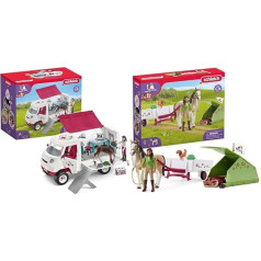 SCHLEICH 42439 Zirgu kluba mobilais veterinārārsts ar Hanoveru ērzeli un 42533 Zirgu kluba Sāras kempinga ceļojums, 23 detaļu spēļu komplekts Zirgu figūra