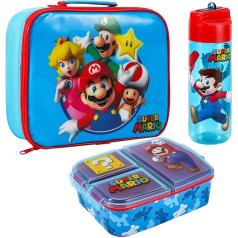 Zawadi Global Super Mario bērnu pusdienu kārbas komplekts - izolēts pusdienu maisiņš, vairāku nodalījumu pusdienu kārba un 540 ml ūdens pudele - skolas pusdienu komplekts, BPA nesatur BPA