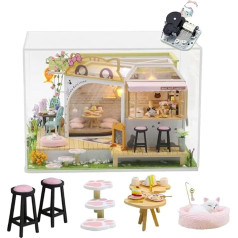 erhumama DIY mūzikas leļļu māja ar putekļu vāku Miniature Cat Cafe 3D modeļu komplekts Koka leļļu mājas mēbeles Gaismas piederumi