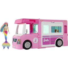 Barbie GHL93 - 3-in-1 super piedzīvojumu kemperis ar piederumiem, kempinga treileris lellei un GTF89 - Dreamtopia Rainbow Magic Mermaid lelle ar varavīksnes matiem un krāsu maiņas funkciju