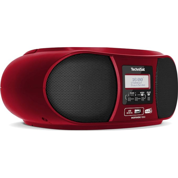 TechniSat DIGITRADIO 1990 Stereo Boombox ar DAB+/FM radio un CD atskaņotāju (Bluetooth audio straumēšana, austiņu ligzda, USB, AUX In, uzlādes funkcija, pulkstenis, 2 x 1,5 W izejas jauda) Sarkans