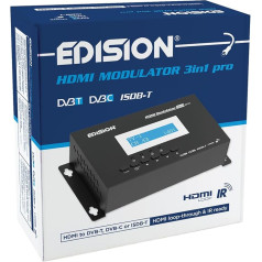 EDISION HDMI modulators 3-in-1 Pro, HDMI modulators kabeļu DVB-C, zemes DVB-T vai ISDB-T, Full HD izplatīšana caur koaksiālo, HDMI cilpu, RF IN, LCD displejs, ātra konfigurācija, Plug & Play