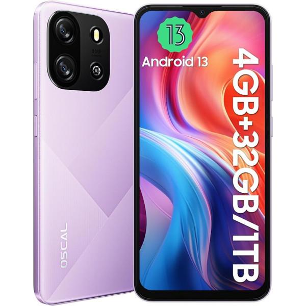 OSCAL Flat 1C viedtālrunis bez līguma 2GB RAM 32GB ROM 1TB TF/SD, astoņkodolu Android 13 mobilais tālrunis 6,52 collu HD+ displejs 8MP + 5MP kamera Face 4700mAh, 4G bez SIM kartes Mobilie tālruņi Dual SIM