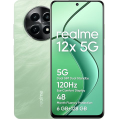 realme 12x 5G viedtālrunis 6+128 GB, 50 MP AI kamera, 5G Dual SIM Dual Standby, TÜV SÜD 48 mēnešu fluentuma aizsardzība, 120 Hz Eye Comfort displejs, 360° NFC, 5000 mAh akumulators, zaļš (bez adaptera)