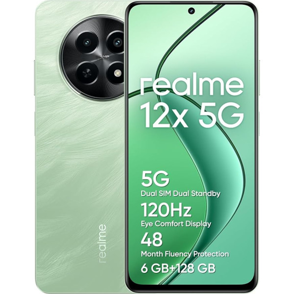 realme 12x 5G viedtālrunis 6+128 GB, 50 MP AI kamera, 5G Dual SIM Dual Standby, TÜV SÜD 48 mēnešu fluentuma aizsardzība, 120 Hz Eye Comfort displejs, 360° NFC, 5000 mAh akumulators, zaļš (bez adaptera)