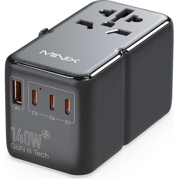 MINIX universālais ceļojuma adapteris, 140 W GaN III starptautiskais strāvas adapteris, 3 USB-C, 2 USB-A pieslēgvietas, maiņstrāvas kontaktligzda, ceļojuma lādētājs portatīvajiem datoriem, planšetdatoriem, tālruņiem un citiem ierīcēm visā