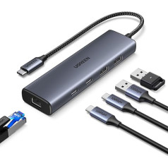 UGREEN USB C 3.2 Hub LAN adapteris Ethernet adapteris 10Gbps ar 2 x USB C pieslēgvietu un 2 x USB A pieslēgvietām, USB C uz RJ45 Gigabit tīkla adapteris, saderīgs ar iPhone/iPad, klēpjdatoru ar Windows, Mac OS utt.