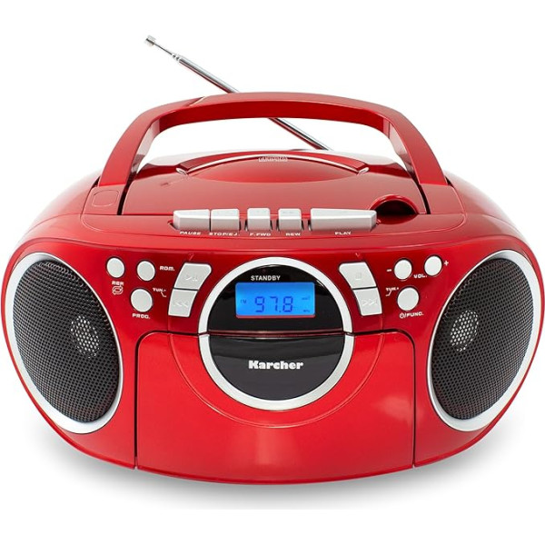 Karcher RR 5042-R Pārnēsājams CD radio/skaņotājs ar CD atskaņotāju un kasešu atskaņotāju (FM, darbojas ar akumulatoru/elektrostaciju, Aux-In), sarkans