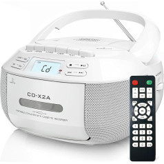 Greadio Boombox CD atskaņotājs Pārnēsājams kasešu atskaņotājs ar Bluetooth, FM radio ar tālvadības pulti, AUX/USB atskaņošana, kasešu magnetofons, darbojas ar maiņstrāvas kabeli/akumulatoru, LCD ekrāns bērniem, mājai