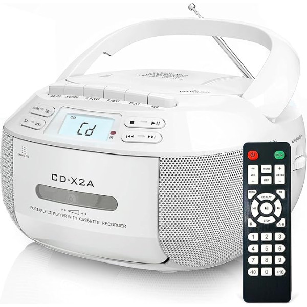 Greadio Boombox CD atskaņotājs Pārnēsājams kasešu atskaņotājs ar Bluetooth, FM radio ar tālvadības pulti, AUX/USB atskaņošana, kasešu magnetofons, darbojas ar maiņstrāvas kabeli/akumulatoru, LCD ekrāns bērniem, mājai