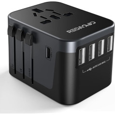 Ceļojuma adapteris Vispasaules 224+ valstis 28W ātrās uzlādes universāls ceļojuma adapteris ar 4 USB pieslēgvietām + C tipa un maiņstrāvas kontaktligzdas adapteris Universāls adapteris Vācijai, ASV, Anglijai, Taizemei, Taizemei, Itālijai un A