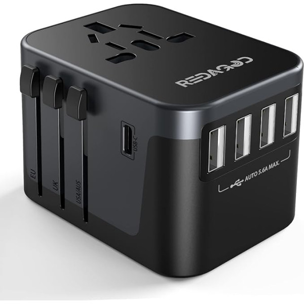 Ceļojuma adapteris Vispasaules 224+ valstis 28W ātrās uzlādes universāls ceļojuma adapteris ar 4 USB pieslēgvietām + C tipa un maiņstrāvas kontaktligzdas adapteris Universāls adapteris Vācijai, ASV, Anglijai, Taizemei, Taizemei, Itālijai un A