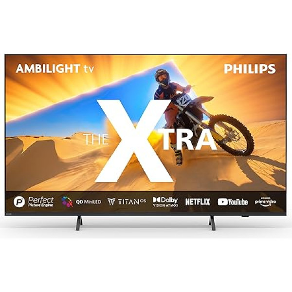 Philips Ambilight The Xtra 65PML9009 4K Quantum Dot MiniLED Smart TV - 65 Zoll displejs ar P5 Perfect Picture Engine Ultra HD, Titan OS, Dolby Vision un Dolby Atmos skaņu - Anthrazitgrau