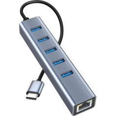 USB uz Ethernet adapteris 6 in 1, Mini alumīnija USB C 5Gbps datu koncentrators ar RJ45 1000M tīkla adapteri + 5 USB 3.0 porti MacBook Pro, USB zibatmiņas diskiem