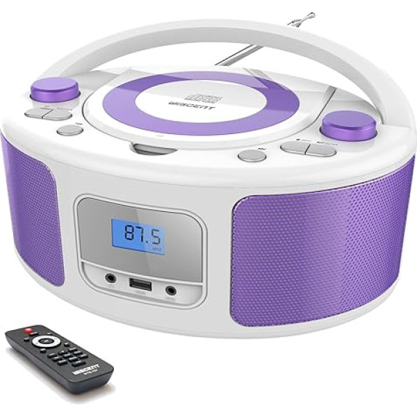 Pārnēsājams CD atskaņotājs Boombox ar Bluetooth, tālvadības pulti, FM radio, USB, MP3 atskaņošana, saderīgs ar CD-R/CD-RW (balts + violets)