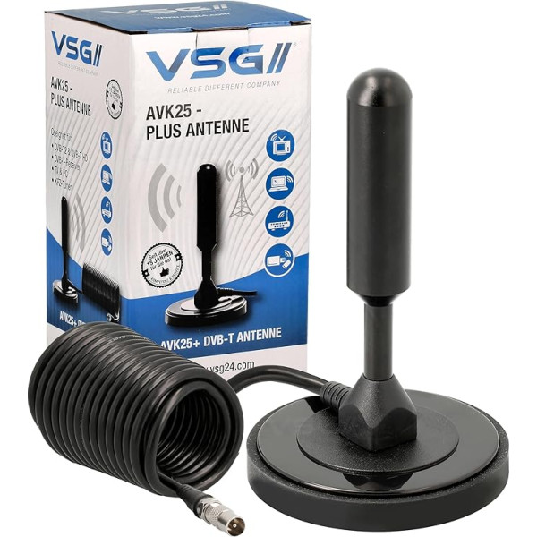 VSG® augstas veiktspējas DVB-T2 antena / AVK25 Plus / Alumīnija cietais kodols maksimālai signāla kvalitātei / DVB-T2 un DVBT2-HD / gatava ciparu apraidei / magnētiskā pamatne un 5 m kabelis / visām DVB-T2 ierīcēm / melna