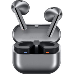 Samsung Galaxy Buds3 bezvadu Bluetooth austiņas, aktīvā trokšņu slāpēšana (ANC), adaptīvā trokšņu slāpēšana, iekšējās austiņas ar 360 audiosignālu, sudraba krāsā, komplektā ietilpst caurspīdīgs Anymode futrālis