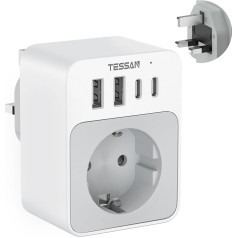 TESSAN ceļojuma adapteris UK, 5 in 1 G tipa ceļojuma adapteris ar 2 USB C un 2 USB A, 3250W adapteris Anglija Vācija kontaktdakša, 20W USB C ātrā uzlāde tālrunim, adapteris UK Īrija Skotija