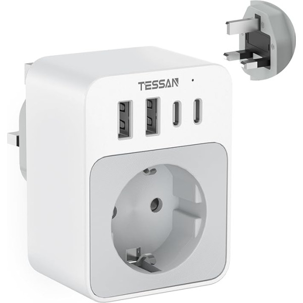 TESSAN ceļojuma adapteris UK, 5 in 1 G tipa ceļojuma adapteris ar 2 USB C un 2 USB A, 3250W adapteris Anglija Vācija kontaktdakša, 20W USB C ātrā uzlāde tālrunim, adapteris UK Īrija Skotija