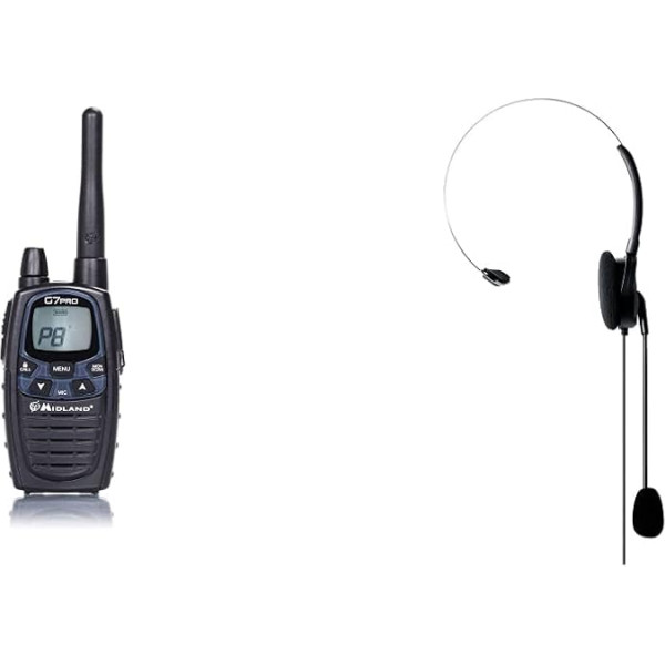 Midland G7 Pro Single PMR + LPD radio, 16 kanāli, divjoslu, C1090.14, komplektā ietilpst lādētājs, 4 baterijas (1800mAh), jostas stiprinājums un MA 35L austiņas ar mikrofonu uz zosu kakla, C652.02