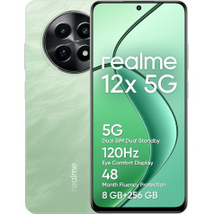 realme 12 x 5G viedtālrunis 8+256 GB, Kamera ar 50 MP AI, Dual Standby 5G, TÜV SÜD šķidruma aizsardzība 48 mēnešiem, 120 Hz displejs, 5000 mAh akumulators, zaļš (bez adaptera)