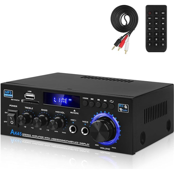 Hi-Fi pastiprinātājs ar Bluetooth, mini stereo audio pastiprinātāja sistēma 2.0 kanāli 400W x 2 jaudas pastiprinātājs ar FM radio, BT, MIC, SD/USB ieeju, audio kabelis mājas kinozāles skaļrunim