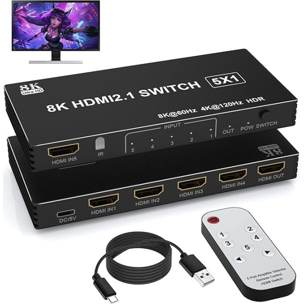 8K HDMI 2.1 slēdzis sadalītājs 4K 120Hz HDMI slēdzis 5 in 1 Out - 5 pieslēgvietu HDMI slēdzis Automobiļu HDMI selektors 8K 60Hz ar IR tālvadības pulti