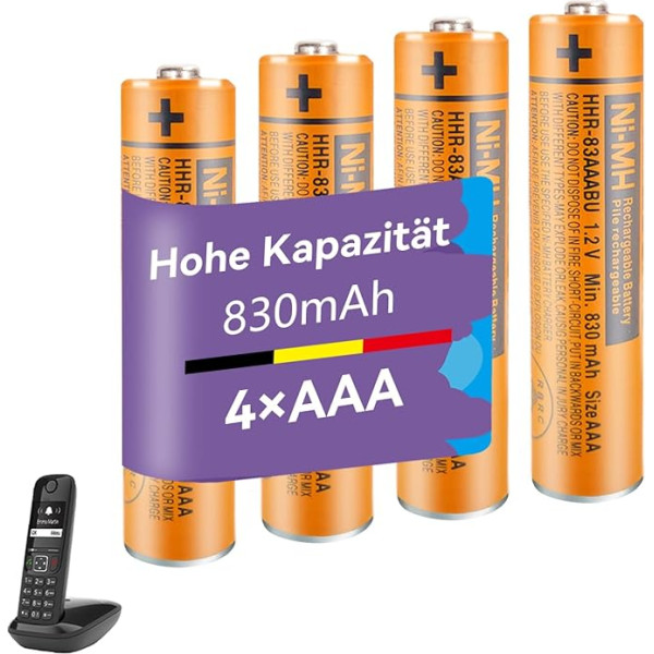 NI-MH akumulators 830 mAh (1,2 V) bezvadu tālruņiem Panosonic, HHR-83AAABU uzlādējamas AAA baterijas Gigaset tālruņiem - 4 gab. iepakojumā