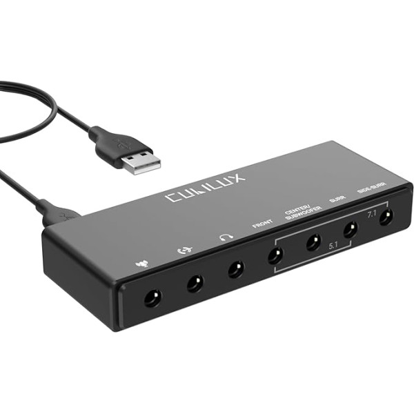 Cubilux Tarjeta de sonido envolvente USB 7.1, frekvences diapazons 48 kHz-384 kHz auriculares, tarjeta de sonido externa USB A para PC, admite entrada de línea y entrada de micrófono estéreo