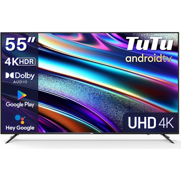 TuTu Smart TV 55 collu televizors 4K UHD HDR HDR HLG Android TV App Store Trīskāršs uztvērējs WiFi Bluetooth HDMI HDMI USB (2024)