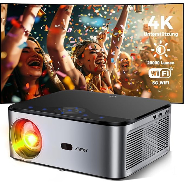 XIWBSY projektors 4K, 20000 lūmenu LED projektors Full HD Android 9.0, 5G WiFi projektors Bluetooth YouTube Netflix, 8000+ aplikāciju, viedo projektoru mājas kinozāle 300 collu displejs