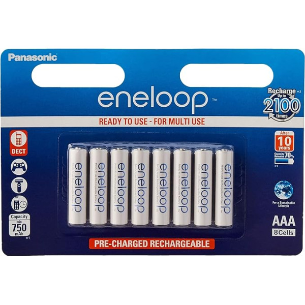 Panasonic eneloop, lietošanai gatava Ni-MH baterija, AAA Micro, 8 iepakojumi, min. 750 mAh, 2100 uzlādes cikli, liela jauda un zema pašizlāde, uzlādējama baterija, uzlādējama baterija, uzlādējama baterija