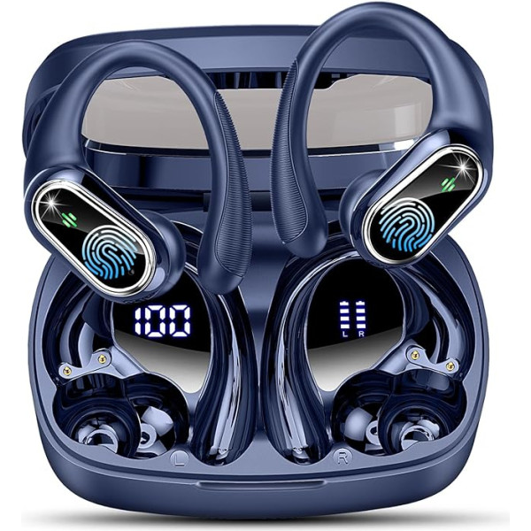 Bluetooth austiņas Sport, In-Ear austiņas bezvadu Bluetooth 5.3 ar HD mikrofonu, izcila skaņa, 50 stundu HiFi Stereo bezvadu austiņas, 2024 trokšņu slāpēšanas austiņas, IP7 ūdensnecaurlaidīgas LED zilā krāsā