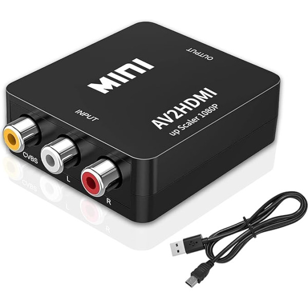 AV uz HDMI adapteris, AV uz HDMI pārveidotājs, 1080P uz HDMI CVBS AV kompozīta video audio adapteris PS2 Wii Xbox SNES N64/TV/PC/PS3/STB/Xbox VHS/VCR/Blue-Ray DVD atskaņotājs (ar HDMI kabeli)