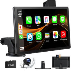 Volam 9 collu bezvadu Carplay displejs Android automašīnai, pārnēsājams auto radio Carplay ekrāns ar 2.5K Dashcam automašīnas priekšējo aizmugurējo daļu, 1080P atpakaļgaitas kamera, Mirror Link, GPS, G-oogle, Siri, 64G SD karte